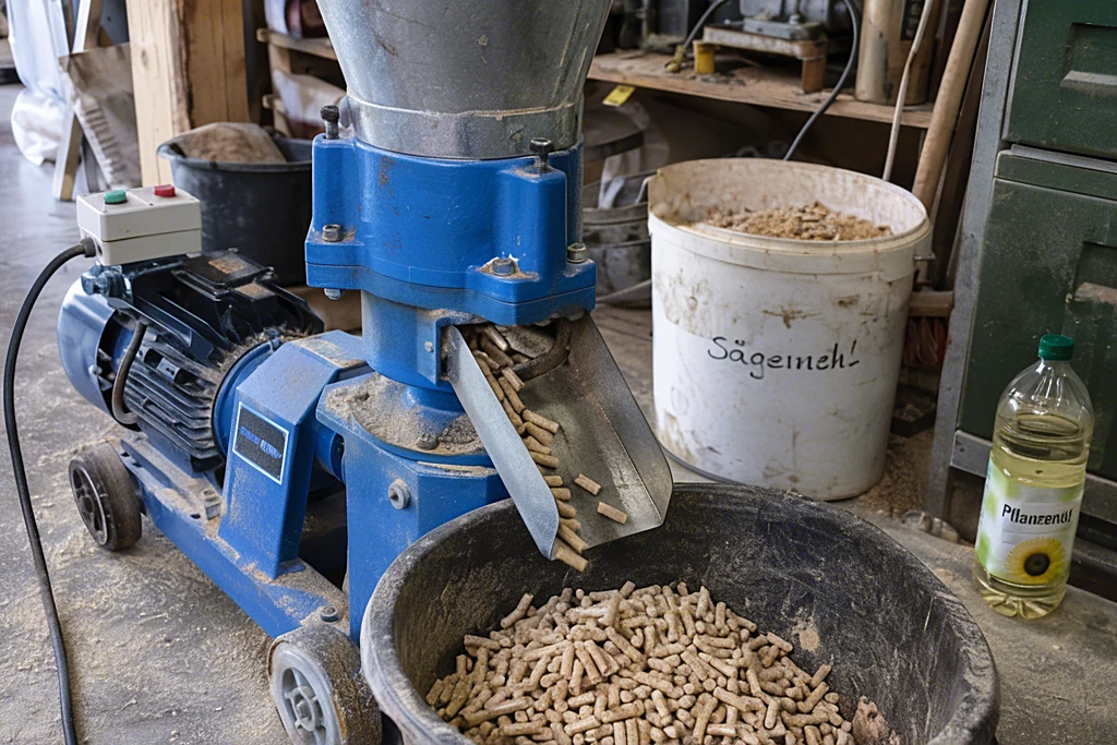 Pelletpresse gibt beim Einfahren die ersten glatten Pellets aus, daneben Pflanzenöl und Sägemehl