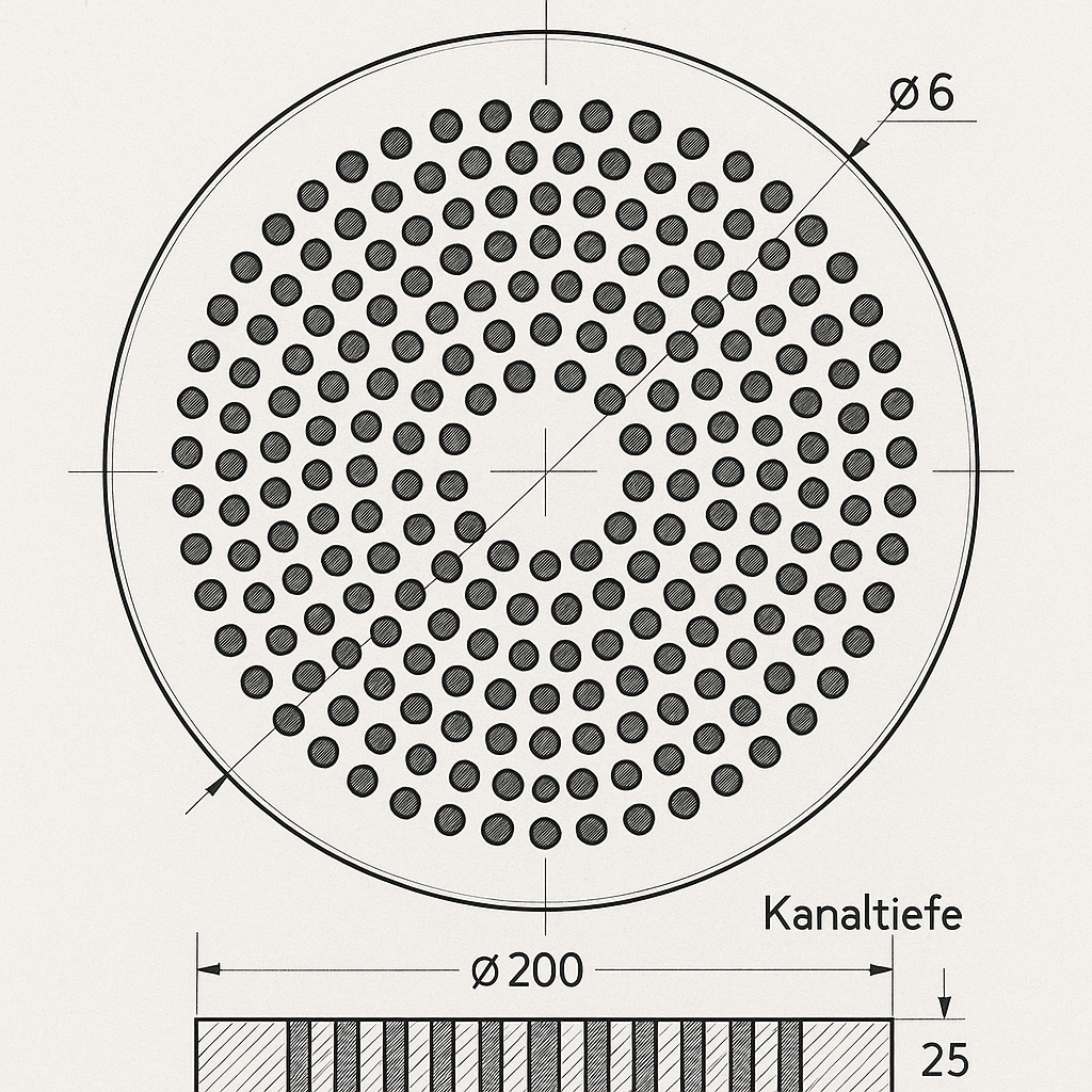 Detailansicht Pelletpresse Matrize mit Lochdurchmesser und Bohrungen