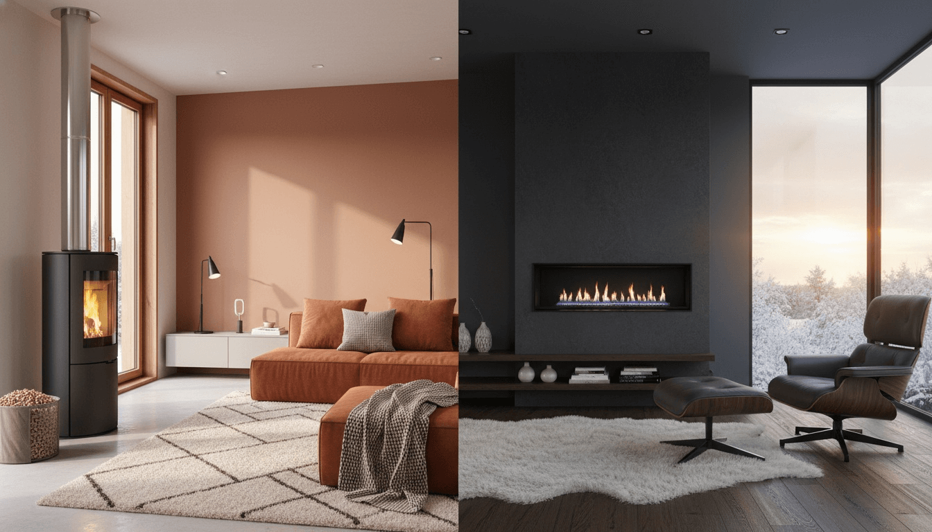 Pellets vs Gasheizung 2026 - Moderner Vergleich zwischen Pelletofen und Gasheizung im Wohnzimmer