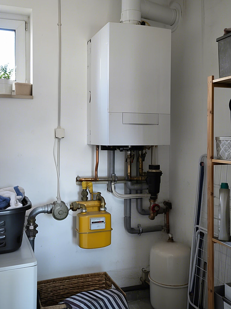 Gas-Brennwertkessel an der Wand über einem Gaszähler im Hauswirtschaftsraum