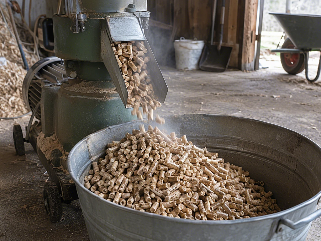 Frisch gepresste Holzpellets aus einer Flachmatrizen-Pelletpresse
