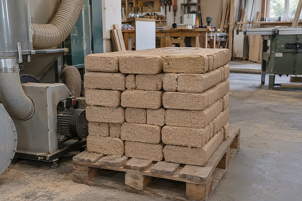 Gestapelte Holzbriketts aus Sägespänen auf einer Palette in einer Schreinerwerkstatt, daneben eine Absauganlage
