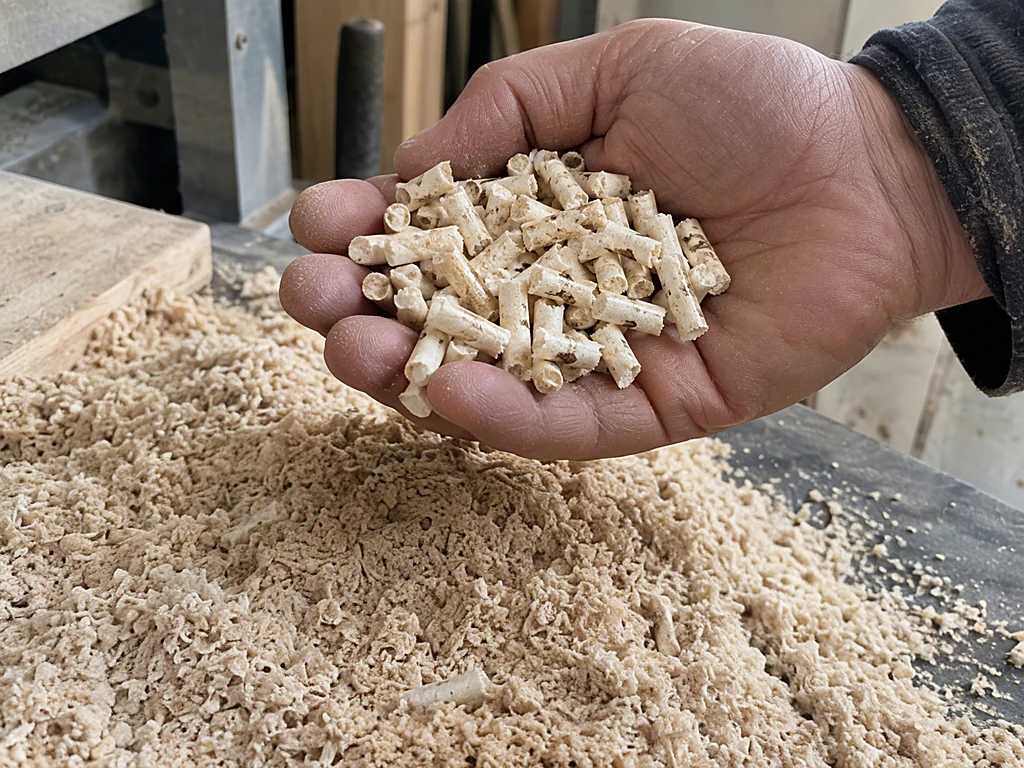 Hand hält frisch gepresste helle Holzpellets über einem Haufen Sägespäne