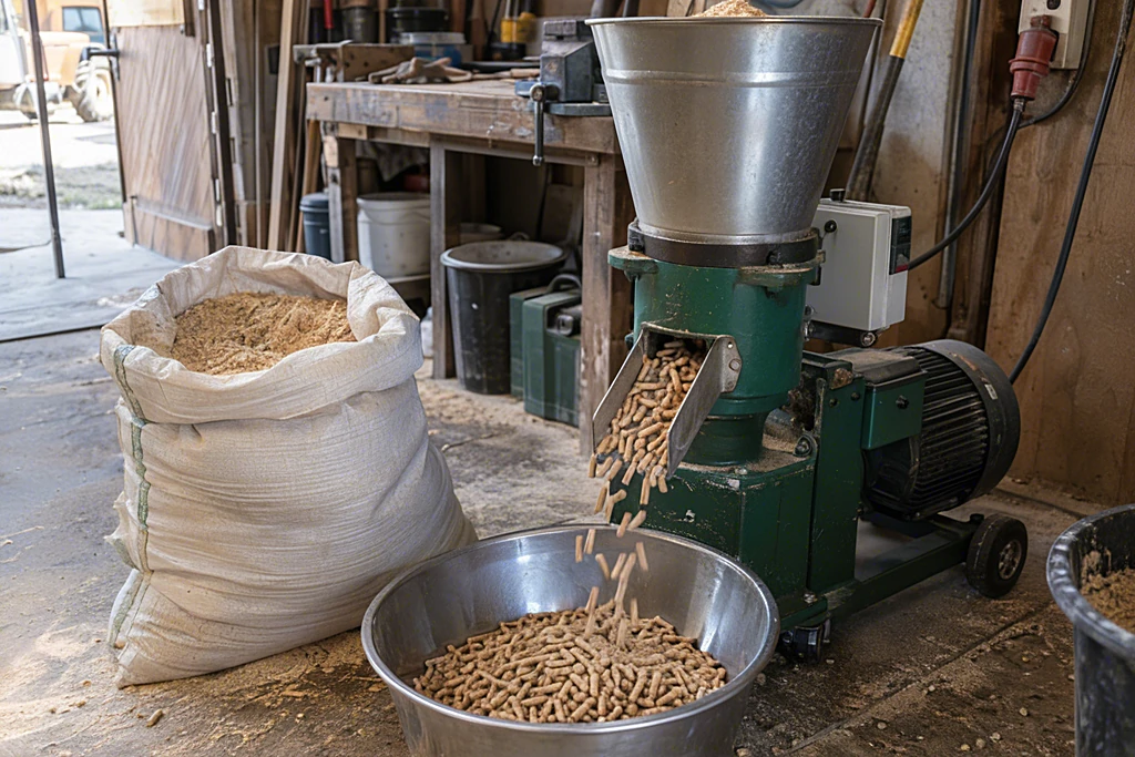 Flachmatrizen-Pelletpresse in einer Hofwerkstatt, Holzpellets fallen in eine Metallschale, daneben ein Sack Sägespäne