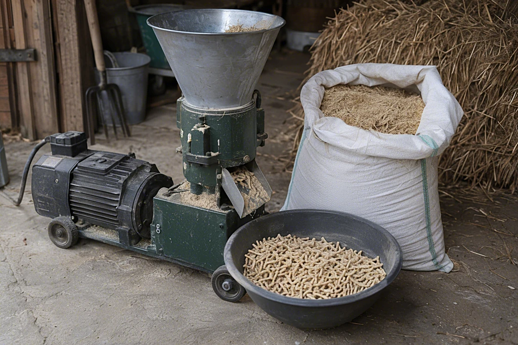 Kleine Flachmatrizen-Pelletpresse mit Sack Strohhäcksel und einer Schale Strohpellets